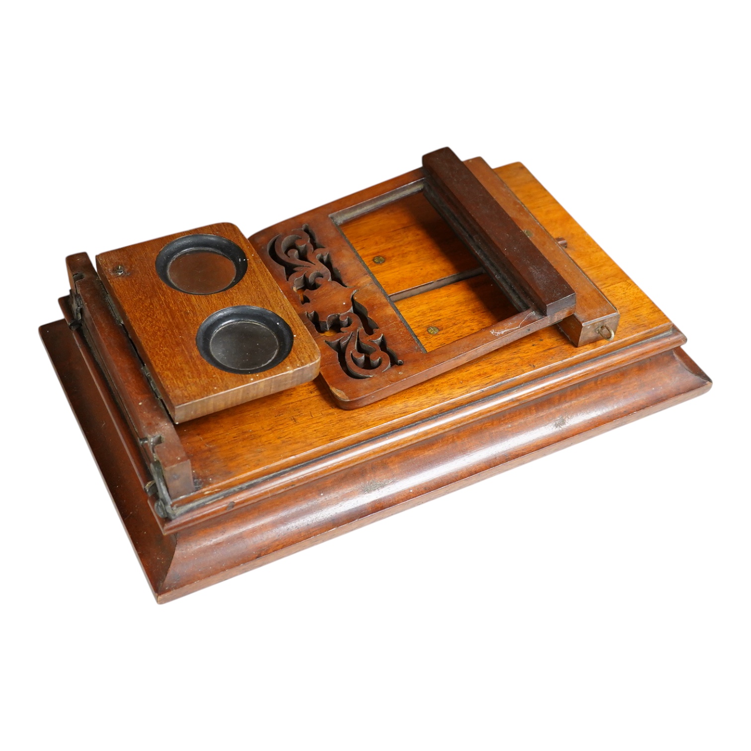 A mid to late 19th century mahogany Rowsell type tabletop folding combined Graphoscope and Stereoscope viewer, unsigned and without any retailer’s label